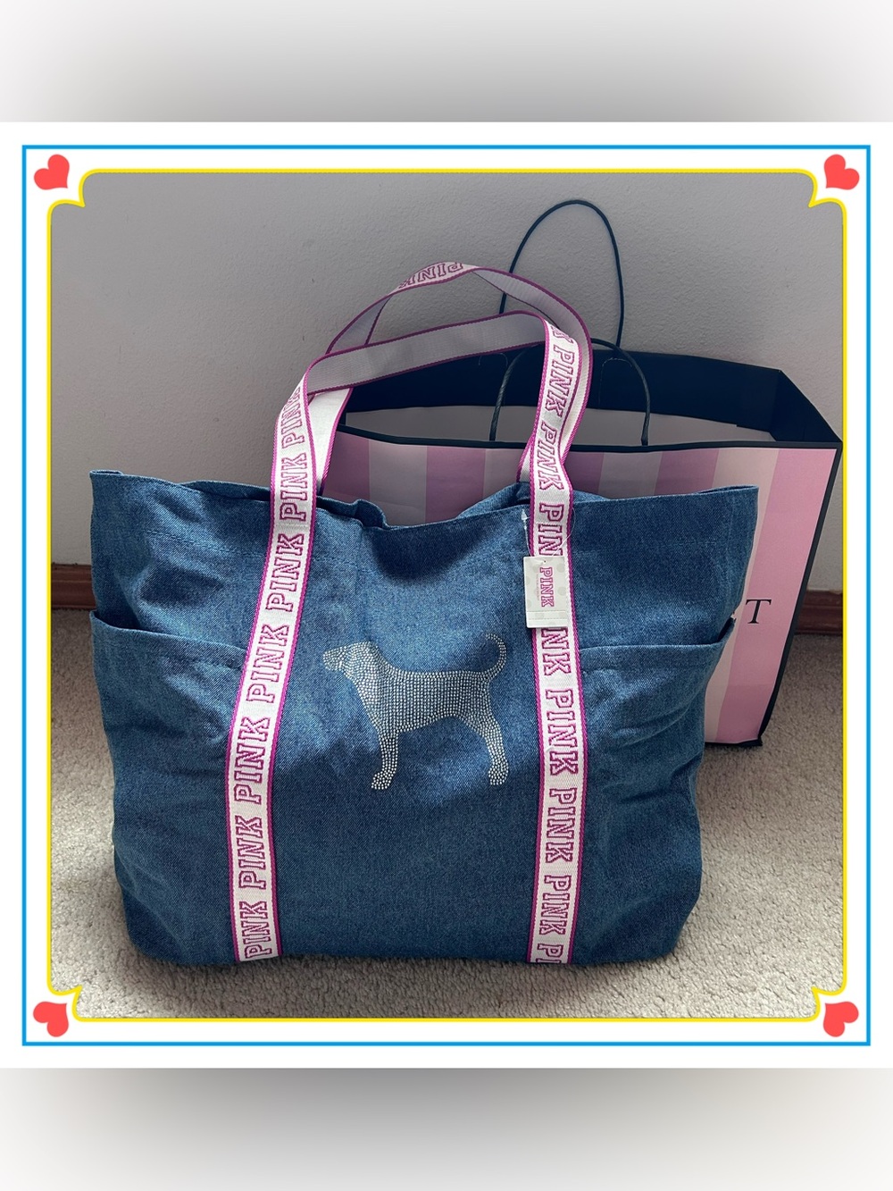 PINK VS Diamanté Cotton Slouchy Rhinestone Dog Logo Denim Tote Blue OS Y2K